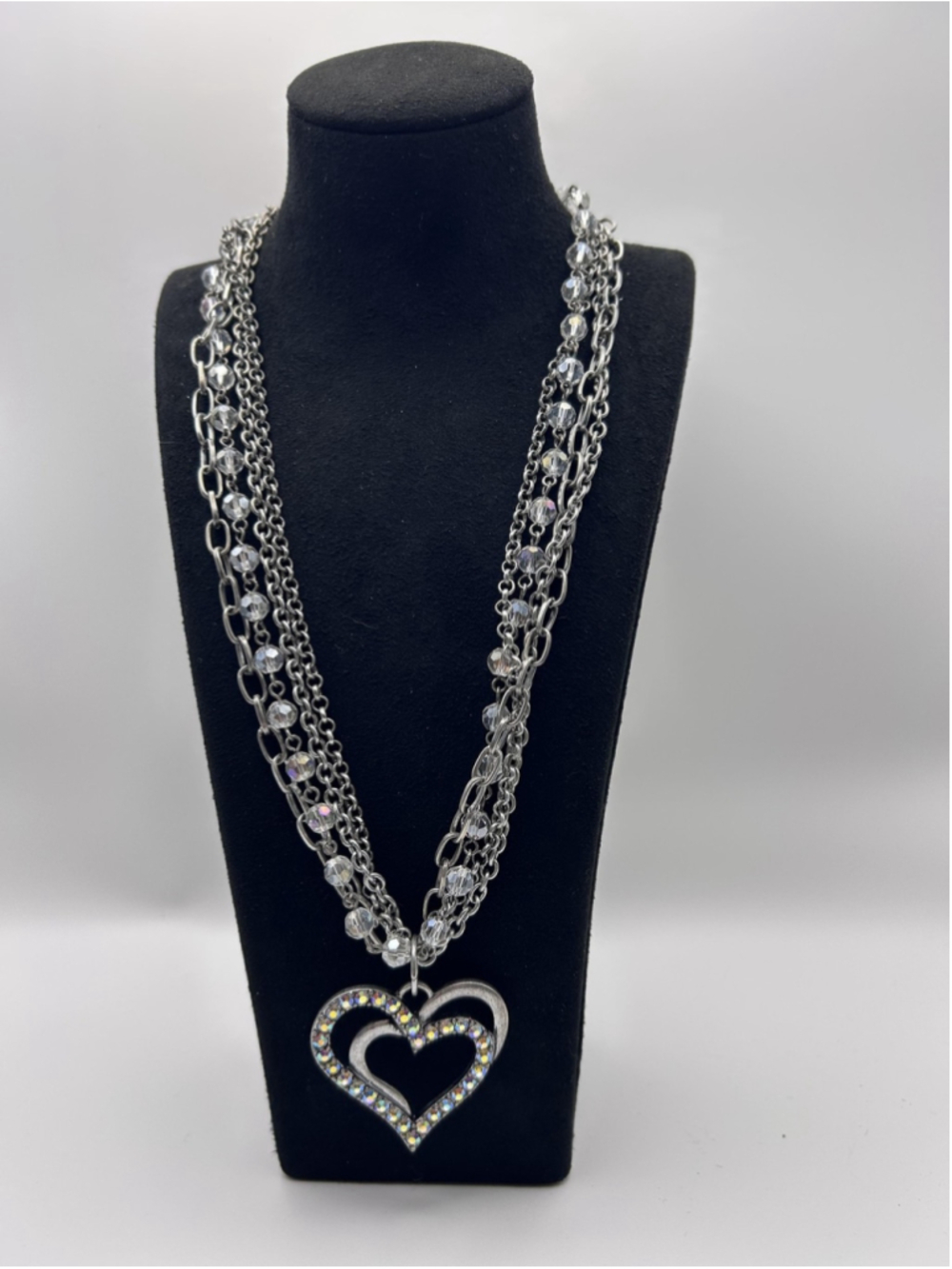 Necklace Cookie Lee Silver Tone Heart Pendant Layered Crystal Statement 11 Inch